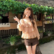 批发法式荷叶边方领长袖衬衫<b class='q'>女</b>2026秋季新款小个子甜美减龄系带<b class='q'>雪纺衫</b>