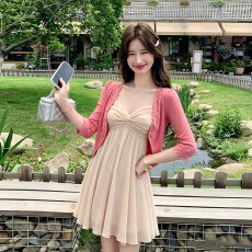 批发温柔风套装粉色减龄蕾丝开衫外套女秋季扭结吊带短裙连衣裙两件套