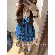 温柔风小众蓝色吊带上衣女学生夏日新款碎花挂脖设计感显白背心女