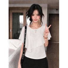 批发柔和轻熟风披肩式假两件t恤<b class='q'>女</b>夏季雪纺拼接飞袖圆领收腰显瘦上衣