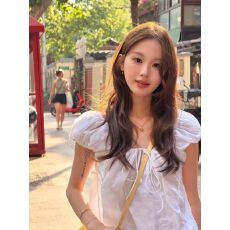 批发白色天丝<b class='q'>亚麻</b>泡泡袖衬衫上衣女2026夏季新款度假风苎麻短袖小衫衣