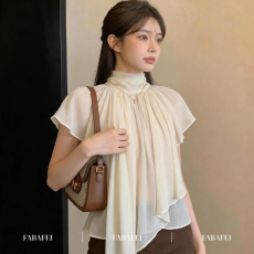 批发小众设计半高立领荷叶边小飞袖<b class='q'>雪纺衫女</b>夏季新款时尚减龄百搭上衣