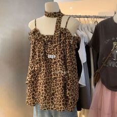 批发复古酷飒气质豹纹飘带挂脖吊带背心女<b class='q'>夏</b>外穿宽松荷叶边无袖上衣潮