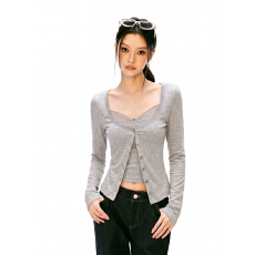 批发【人棉】灰色蕾丝吊带背心女26年秋季修身长袖短款<b class='q'>开衫</b>上衣两件套