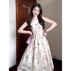 批发法式高级无袖背心碎花<b class='q'>连衣裙</b>子女夏季2026新款设计感早春气质长裙