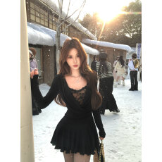 批发法式镂空蕾丝针织<b class='q'>连衣裙</b>女秋冬蝴蝶结裙子