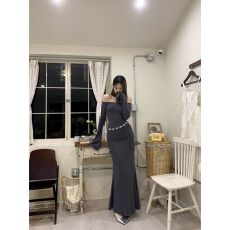 批发【随心裁面料】辣妹性感纯欲露肩<b class='q'>连衣裙</b>冬长款包臀御姐轻熟鱼尾裙
