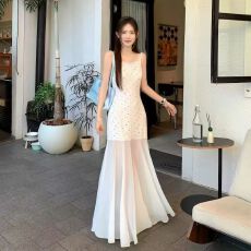 批发纯欲风收腰显瘦甜美网纱碎花<b class='q'>吊带</b>连衣裙罩衫上衣叠穿两件套女夏季