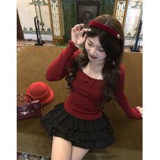 批发柔欲陷阱”纯欲蝴蝶结蕾丝<b class='q'>肩带</b>假两件上衣女甜美内搭