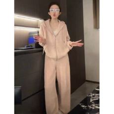 批发温柔风藕色连帽拉链<b class='q'>长袖</b>宽松长裤休闲运动套装 显瘦气质