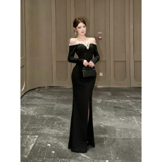批发优雅性感黑色一字领长袖修身开叉长款礼服/晚装 显瘦气质