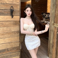 纯欲性感抹胸无袖蕾丝亮片包臀短裙连衣裙 显瘦气质