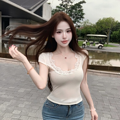 RY8531# 辣妹风杏色U领包袖短款修身蕾丝边T恤 显瘦气质