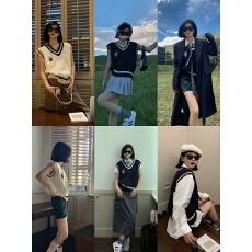 批发学院风V领无袖套头扭花毛针织衫 显瘦气质