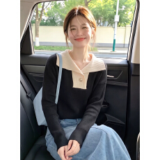 批发温柔风黑杏撞色海军领套头长袖毛针织衫 显瘦通勤