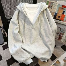 批发休闲风浅灰色连帽V领落肩袖宽松假两件<b class='q'>套头卫衣</b> 显瘦百搭