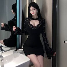 批发性感黑色挂脖<b class='q'>露背</b>喇叭长袖包臀蕾丝<b class='q'>连衣裙</b> 显瘦气质