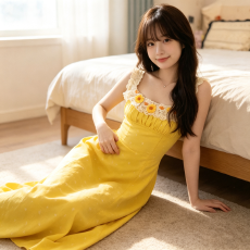 批发清新甜美黄色方领<b class='q'>无袖</b>长裙蕾丝花边收腰<b class='q'>连衣裙</b> 显瘦气质