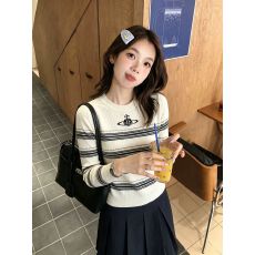 批发韩版学院风圆领长袖条纹修身短款毛针织衫 显瘦气质通勤