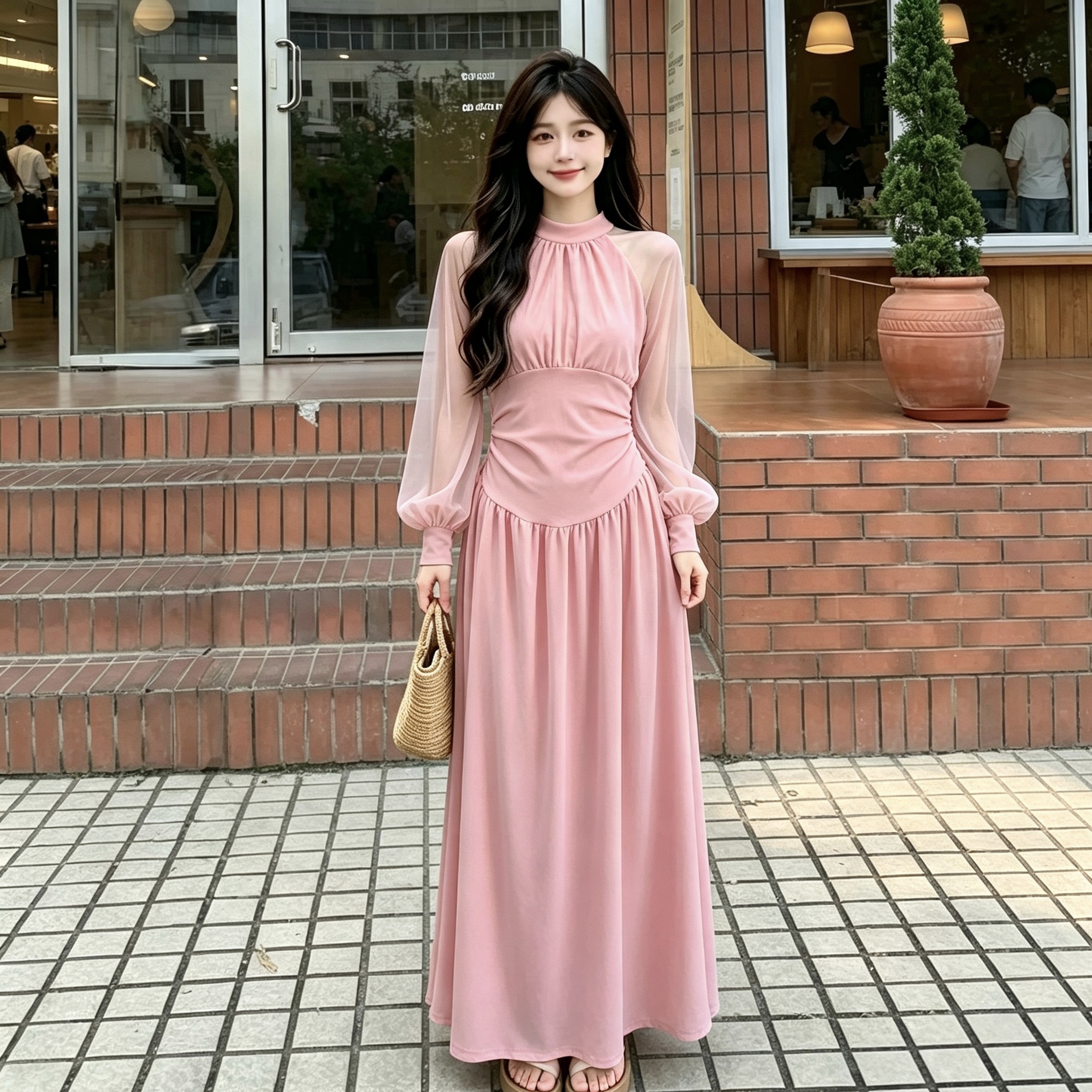 RY8731# 温柔风挂脖网纱拼接灯笼袖收腰大摆长裙连衣裙 显瘦气质