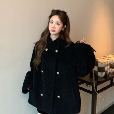 批发韩版黑色立领宽松长袖短款双排扣毛呢外套 显瘦气质