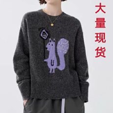 小狐狸提花圆领落肩袖针织衫上衣 女2026秋冬季宽松软糯毛衣新款