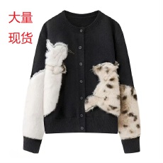 批发秋冬新款韩系慵懒风卡通小猫毛衣女黑色圆领开衫百搭显瘦<b class='q'>针织</b>外套