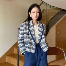 批发蓝色小香风套装女春秋款气质高级感西装领格纹<b class='q'>外套</b>休闲裤两件套装