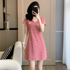 批发夏季纯棉v领短袖条纹<b class='q'>连衣裙</b>女新款韩版休闲显瘦a字裙宽松<b class='q'>运动</b>裙子