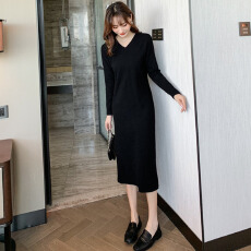 批发配大衣打底<b class='q'>纯棉</b>针织<b class='q'>连衣裙</b>女v领秋冬新款内搭中长款过膝气质长裙