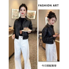 批发罗粉小众面料设计师品牌气质<b class='q'>通勤</b>翻领仿PU皮长袖皮衣外套秋季新款