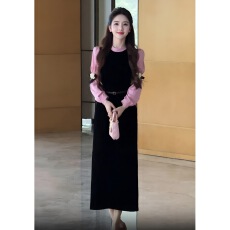 批发Fashion Style时尚设计师优雅时尚金丝绒撞色<b class='q'>假两件</b>后开叉<b class='q'>连衣裙</b>