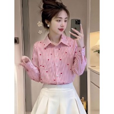 批发Fashion秋季小爱心刺绣粉色条纹<b class='q'>衬衫</b><b class='q'>女长袖</b>宽松通勤时尚洋气上衣