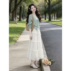 批发Fashion Style时尚设计师秋季洋气松弛针织开衫搭吊带连衣裙套装