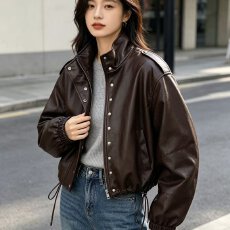 批发<b class='q'>春</b>秋新款女装宽松短款立领PU皮衣外套百搭机车夹克