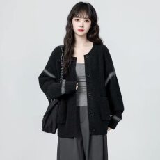 批发黑色圆领长袖针织开衫女秋冬季宽松慵懒风小个子加厚毛衣外套上衣