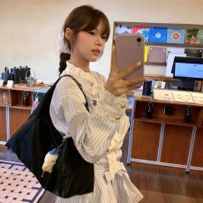 批发蝴蝶结条纹刺绣长袖连衣裙女2025春季新款设计感收腰显瘦A字<b class='q'>短裙</b>