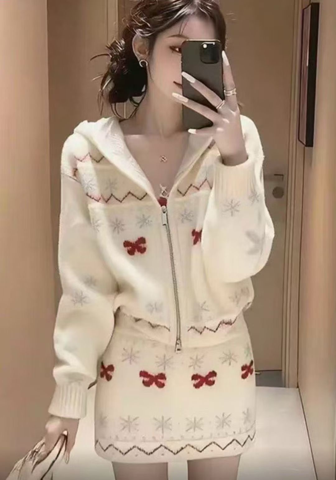 RY9143# 甜美风连帽拉链长袖短款蝴蝶结提花毛针织套装 显瘦减龄