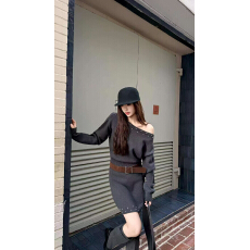 批发辣妹风一字肩长袖收腰针织<b class='q'>连衣裙</b> 显瘦气质