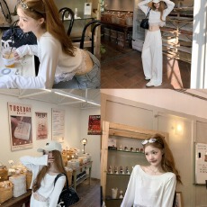 批发260克人棉秋季辣妹穿搭一整套女韩系甜美白色上衣阔腿长<b class='q'>裤</b>两件套