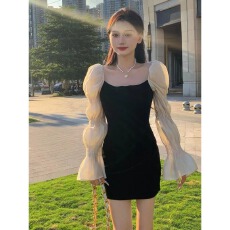 批发法式气质名媛抹胸小黑裙女轻奢<b class='q'>泡泡袖</b>小礼裙甜辣风性感显瘦<b class='q'>连衣裙</b>