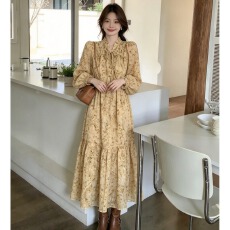 批发韩系复古碎花<b class='q'>连衣裙</b>女立领系带泡泡长袖高腰大摆蛋糕长裙秋季温柔