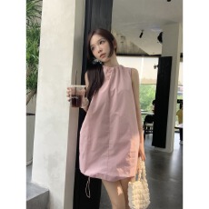 批发温柔风减龄设计感粉色系带连衣裙女夏季2026新款纯色花苞裙短裙潮