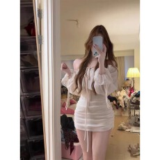 批发纯欲风气质收腰一字肩雪纺长袖连衣裙女夏季新款修身显瘦包臀<b class='q'>短裙</b>