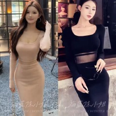 批发韩女甜心方领长袖针织连衣裙女秋季收腰内搭显瘦纯欲气质<b class='q'>包臀</b><b class='q'>长裙</b>