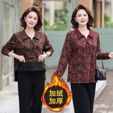 批发秋冬新款碎花t恤加绒打底衫女中老年<b class='q'>妈妈装</b>大码翻领洋气显瘦上衣