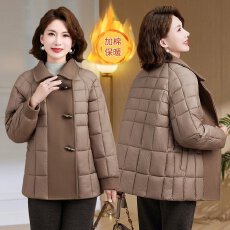 批发年轻妈妈冬装短款羽绒棉服加绒拼接毛呢<b class='q'>外套</b>中老年女冬季加厚棉袄