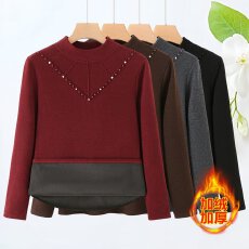 批发中老年<b class='q'>女装</b>加绒加厚长袖钉珠打底衫妈妈秋冬保暖洋气内搭上衣