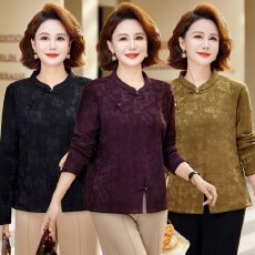 批发中老年女士加绒保暖紫色中式立领长袖T恤大码宽松上衣秋季新款
