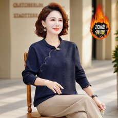 批发女士加绒保暖立领长袖T恤绣花设计宽松大码上衣秋季新款穿搭